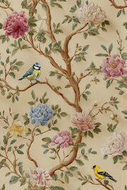 Vintage Cream Peony and Bird Floral Wallpaper design