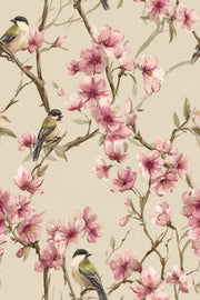 Cream Cherry Blossom and Bird Wallpaper design