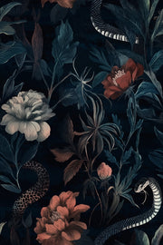 Moody Black Floral and Snake Pattern Wallpaper design
