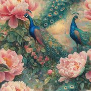 Peach Pink Peony and Peacock Floral Wallpaper design