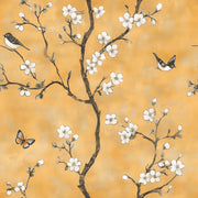 Golden Look Yellow Cherry Blossom and Bird Wallpaper design
