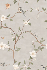 Soft Beige Floral and Bird Branch Wallpaper design
