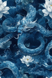 Navy Blue Dragon and Lotus Fantasy Wallpaper design