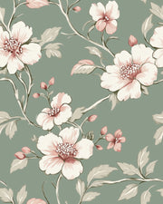 Sage Green Cherry Blossom Floral Wallpaper design