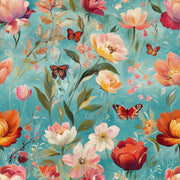 Vibrant Blue Multicolor Floral and Butterfly Wallpaper design