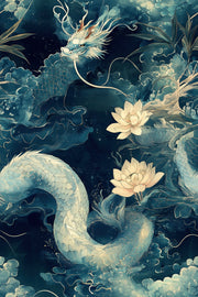 Midnight Blue Dragon and Lotus Chinoiserie Wallpaper design