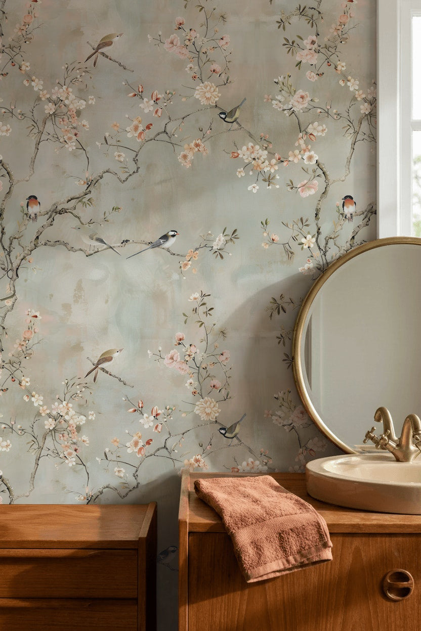 Soft Beige Cherry Blossom and Bird Wallpaper