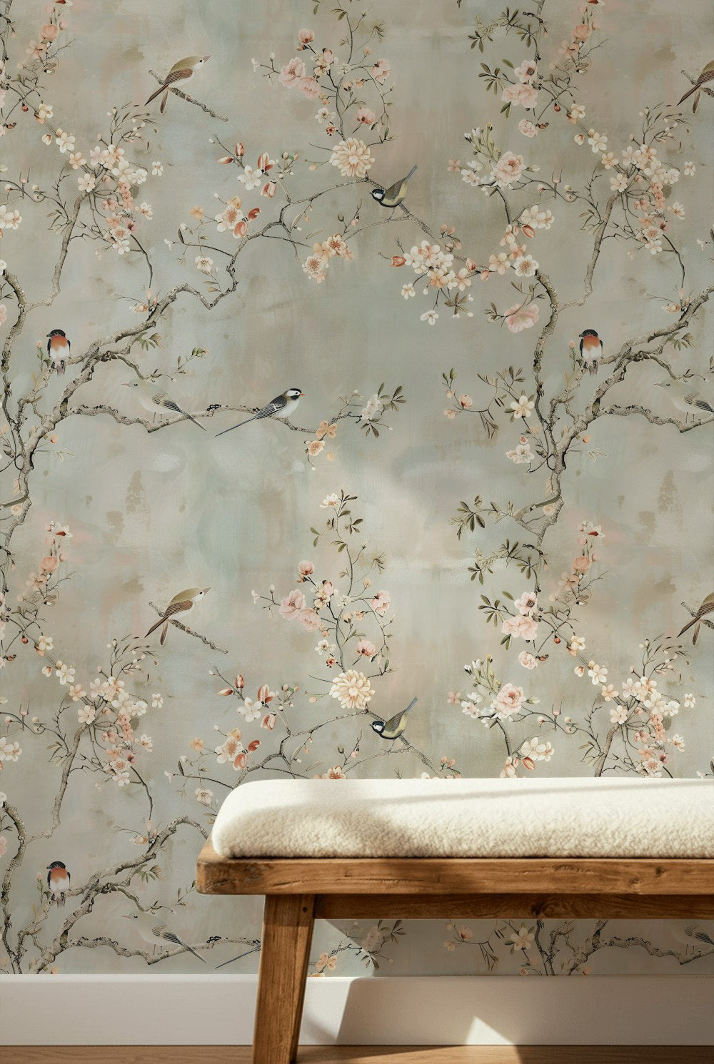 Soft Beige Cherry Blossom and Bird Wallpaper