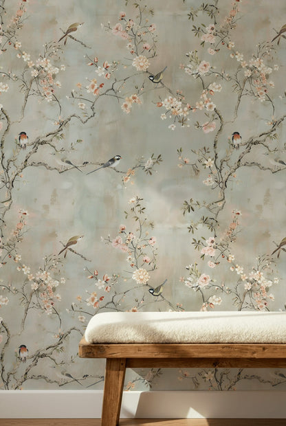 Soft Beige Cherry Blossom and Bird Wallpaper