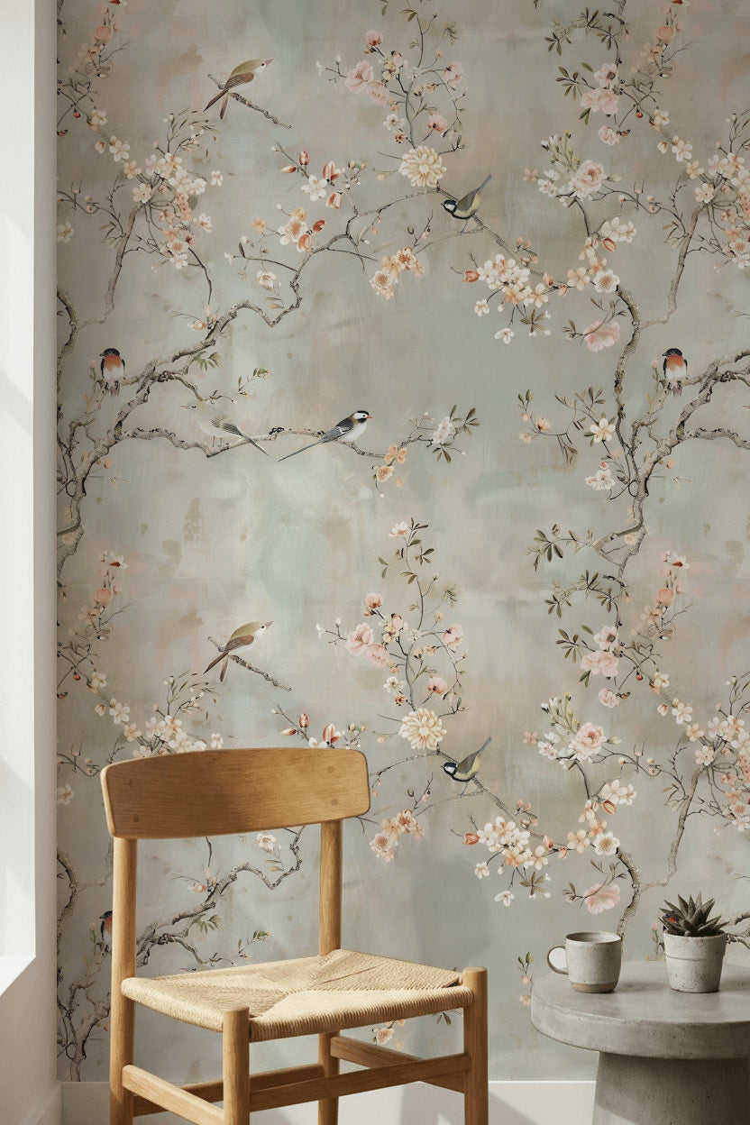 Soft Beige Cherry Blossom and Bird Wallpaper