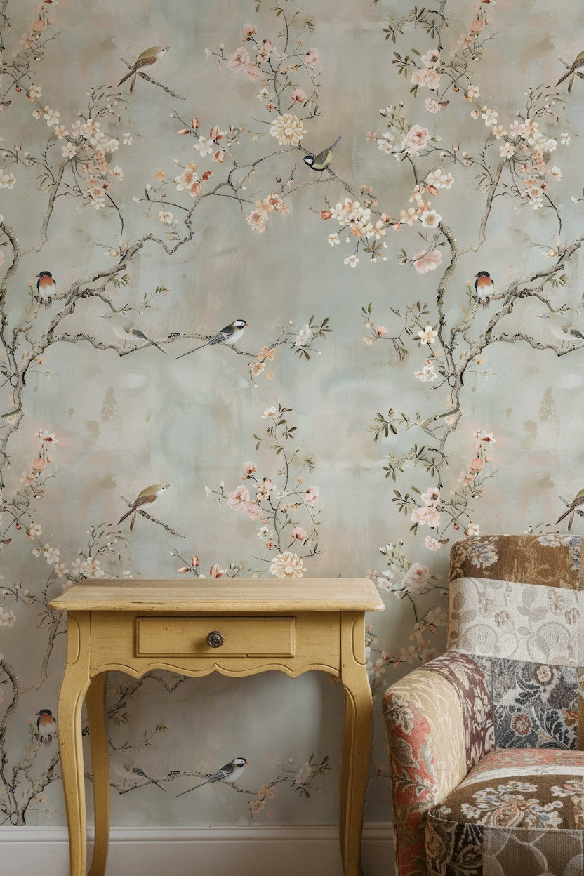 Soft Beige Cherry Blossom and Bird Wallpaper