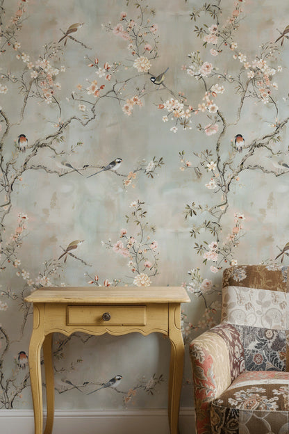 Soft Beige Cherry Blossom and Bird Wallpaper
