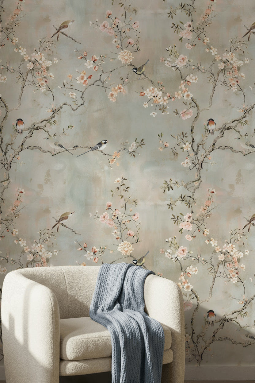 Soft Beige Cherry Blossom and Bird Wallpaper