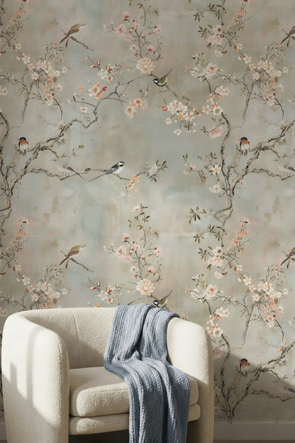 Soft Beige Cherry Blossom and Bird Wallpaper