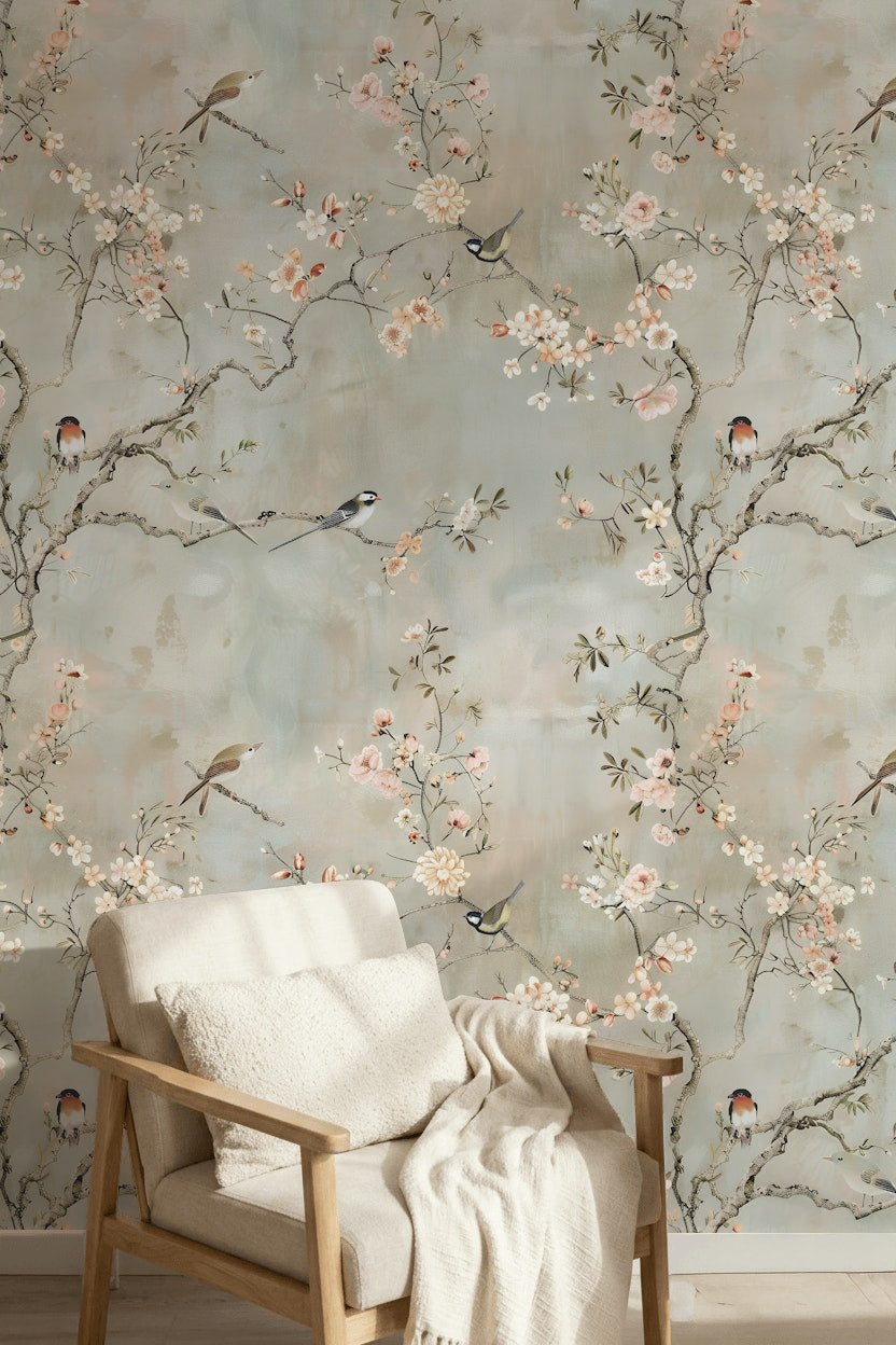 Soft Beige Cherry Blossom and Bird Wallpaper