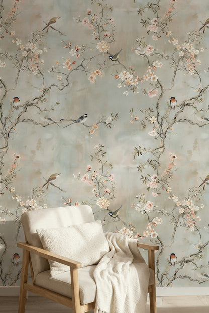 Soft Beige Cherry Blossom and Bird Wallpaper
