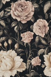 Deep Charcoal Vintage Rose Floral Wallpaper design