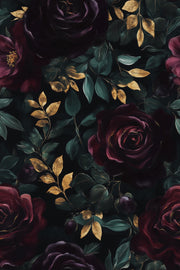 Dark Burgundy Roses and Gold Look Foliage Wallpaper design