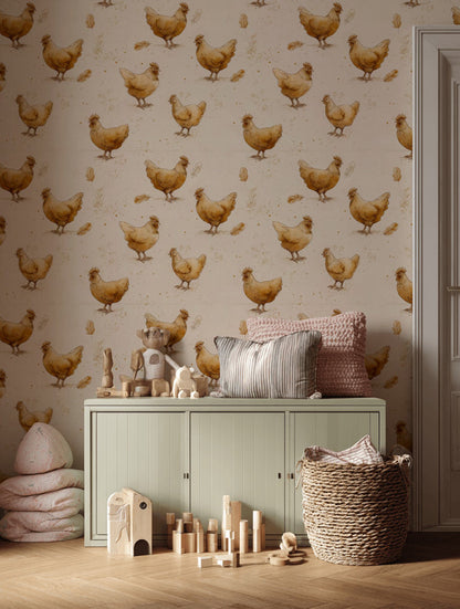 Rustic Beige Chicken Farmyard Wallpaper
