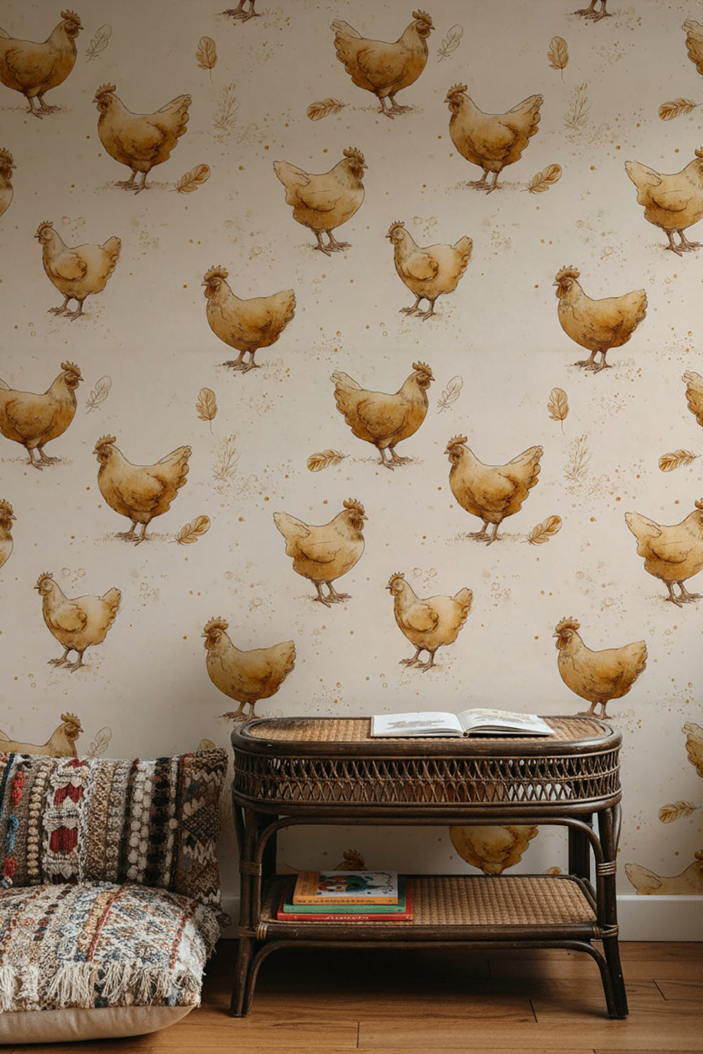 Rustic Beige Chicken Farmyard Wallpaper