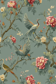 Deep Sage Green Peony and Crane Wallpaper design