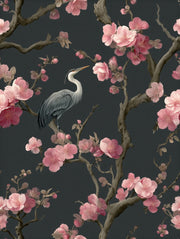 Dark Charcoal Cherry Blossom and Heron Wallpaper design