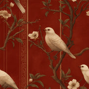 Rich Mahogany Bird and Vintage Floral Wallpaper design