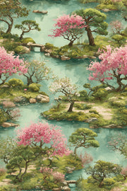 Serene Chinoiserie Cherry Blossom Landscape Wallpaper design