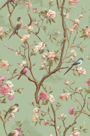 Vintage Sage Green Cherry Blossom Bird Wallpaper design