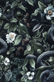 Dark Botanical Wildflower and Snake Pattern Wallpaper design