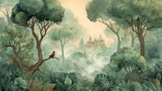 Misty Green Forest with Red Bird Wall Mural design