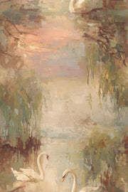Rustic Brown Swan Lakeside Landscape Wallpaper design