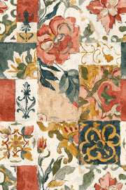 Cream and Terracotta Vintage Floral Patchwork Wallpaper design