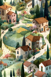 Charming Village Landscape Wallpaper design