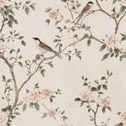 Cream Background Bird and Blossom Botanical Wallpaper design