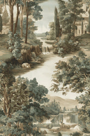 Muted Green and Beige Scenic Landscape Wallpaper design
