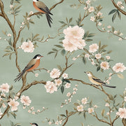 Soft Sage Green Bird and Cherry Blossom Wallpaper design