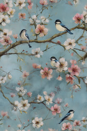 Soft Blue Cherry Blossom with Birds Wallpaper design