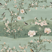 Pastel Green Cherry Blossom and Bird Wallpaper design