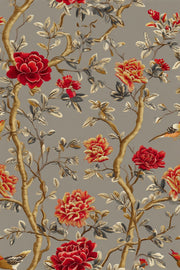 Deep Red Rose and Bird Botanical Wallpaper design
