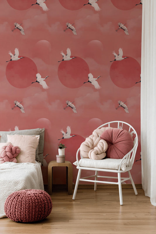 Blush Pink Crane Flight Wallpaper