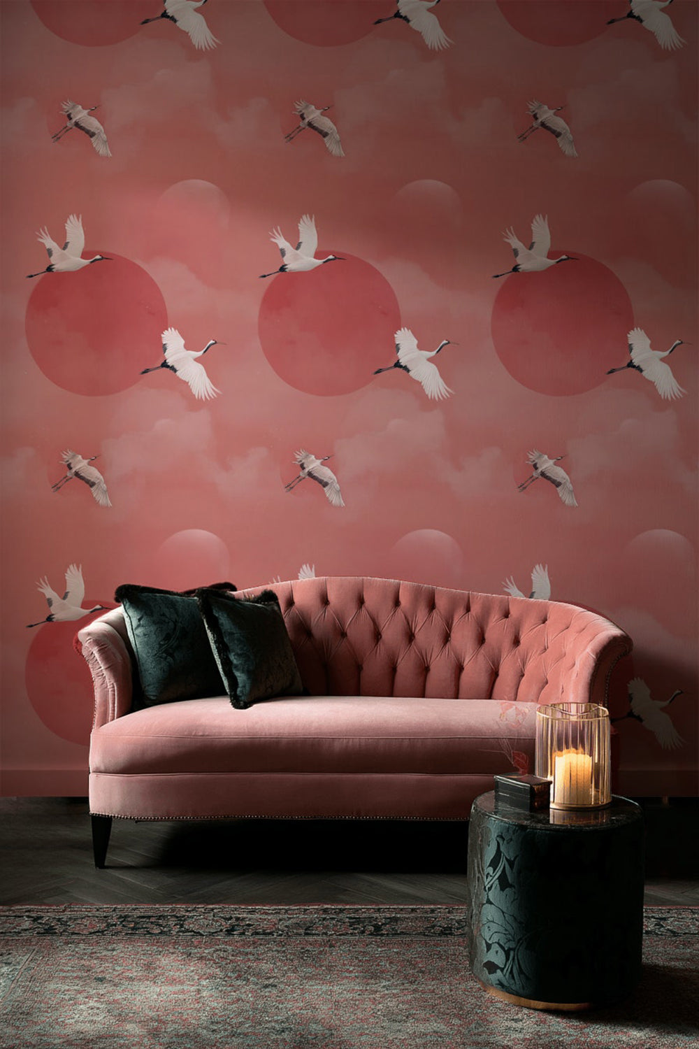 Blush Pink Crane Flight Wallpaper