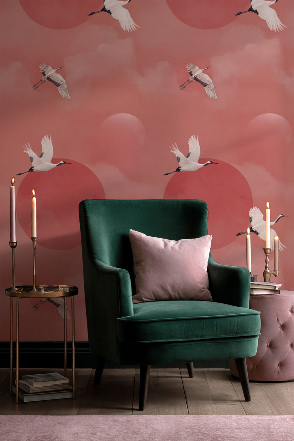 Blush Pink Crane Flight Wallpaper