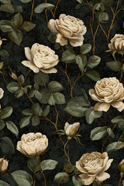 Vintage Cream Rose Floral Dark Wallpaper design