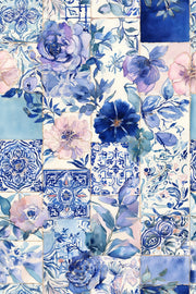 Cerulean Blue Patchwork Floral Tile Wallpaper design