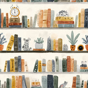 Cream Eclectic Bookshelf Art Wallpaper design