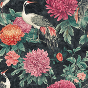 Dark Floral and Crane Vintage Wallpaper design
