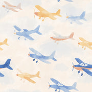 Playful Blue and Yellow Airplane Kids Wallpaper design