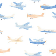 Whimsical Blue and Peach Airplane Kids Wallpaper design