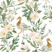 White and Green Botanical Bird Motif Wallpaper design